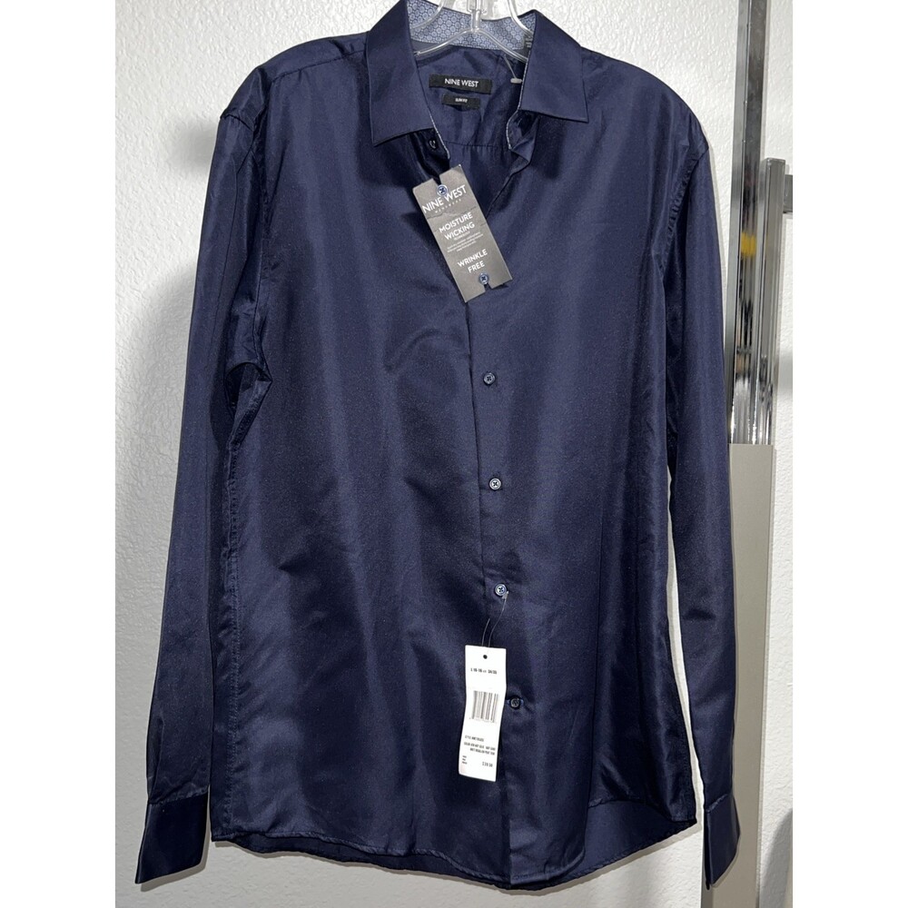 Nine West Men's Classic Fit Navy Solid Sateen Dress Shirt L 16-16.5 34/35 Org$39